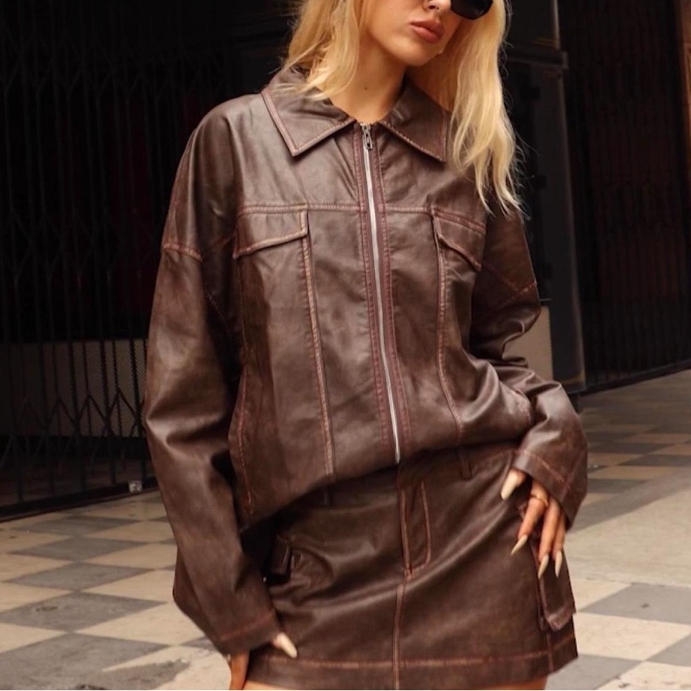 princess polly tanza faux leather brown bomber jacket